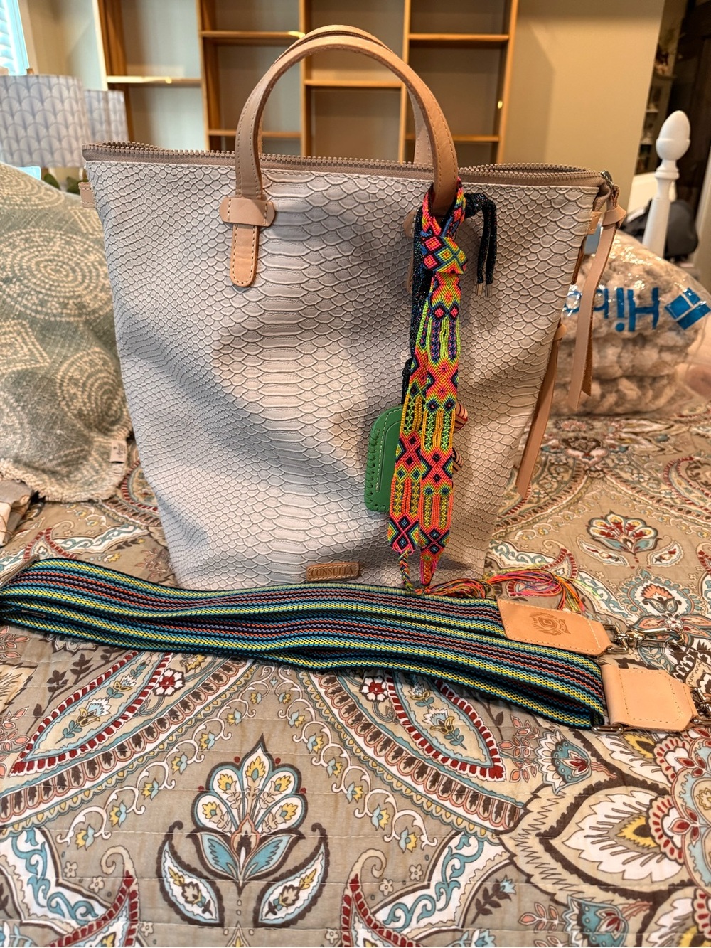 Consuela Cream Tote with Tan Handles and Multicolor Woven Strap